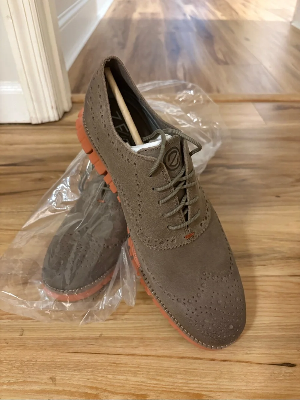 Cole Haan Taupe Suede Wingtip Oxfords with Orange Sole